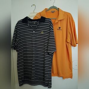 2 Peter Millar Golf Polo Shirts Black and White Stripped And Light Orange Sz XL